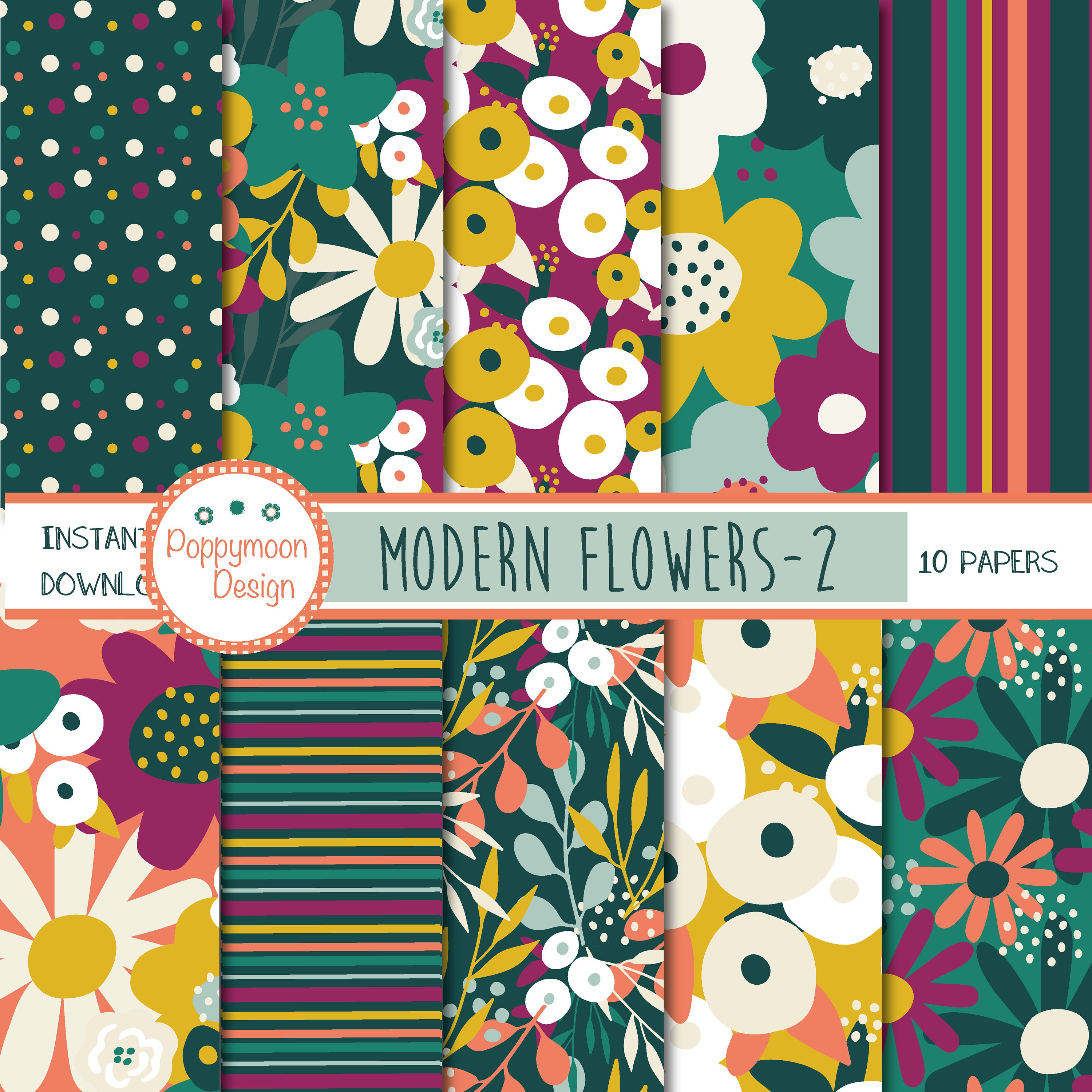 Modern flowers, colourful, patterns,yellow, purple and green,   digital paper pack