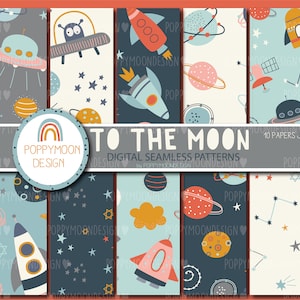 May include: A set of 10 digital seamless patterns featuring a space theme. The patterns include rockets, planets, stars, and UFOs in a variety of colours, including blue, yellow, red, and orange. The patterns are perfect for creating fun and whimsical projects.