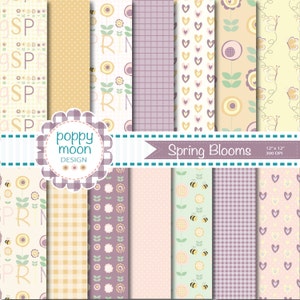 spring flowers, purple and yellows, digital paper pack