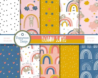 Rainbow sloths, clouds, stars , digital paper pack, scrapbook paper