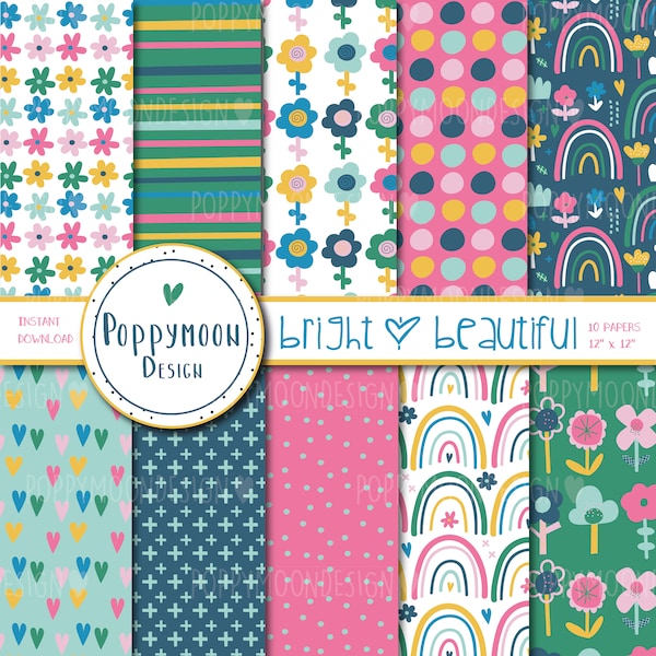 Bright and Beautiful, colourful, printable digital paper pack