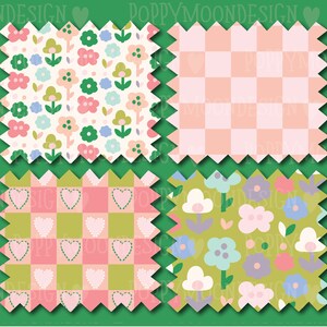 May include: Four digital paper patterns featuring a green background with pink, white, and blue floral designs. The patterns include a checkered design, a design with hearts, and two designs with flowers.