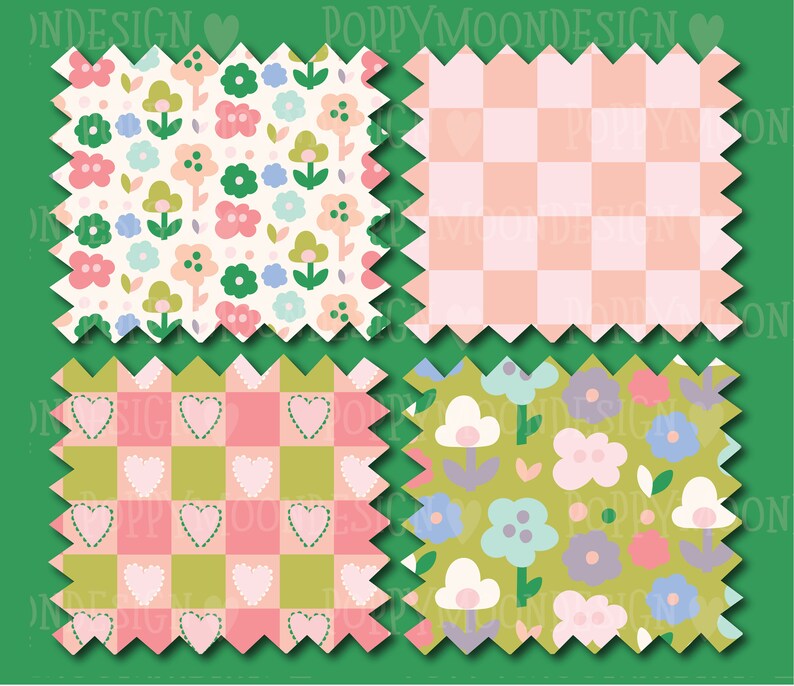 May include: Four digital paper patterns featuring a green background with pink, white, and blue floral designs. The patterns include a checkered design, a design with hearts, and two designs with flowers.