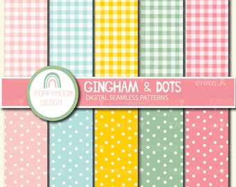 Gingham and Dots, pastel, printable seamless digital paper pack