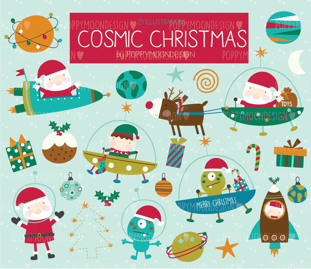 Cosmic Christmas Outer Space Holiday Illustration Digital Etsy Israel