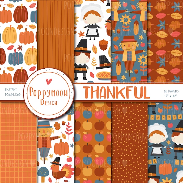 Thankful, Thanksgiving, Autumn patterns, printable digital paper pack