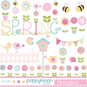 Può includere: Un set di clipart digitale a tema primaverile con fiori, uccelli, una casetta per uccelli, una recinzione, un annaffiatoio, una coccinella e uno striscione. La parola "PRIMAVERA" è scritta in grandi lettere con un carattere fantasioso. La clipart è perfetta per creare biglietti, inviti, pagine di album di ritagli e altri lavoretti.