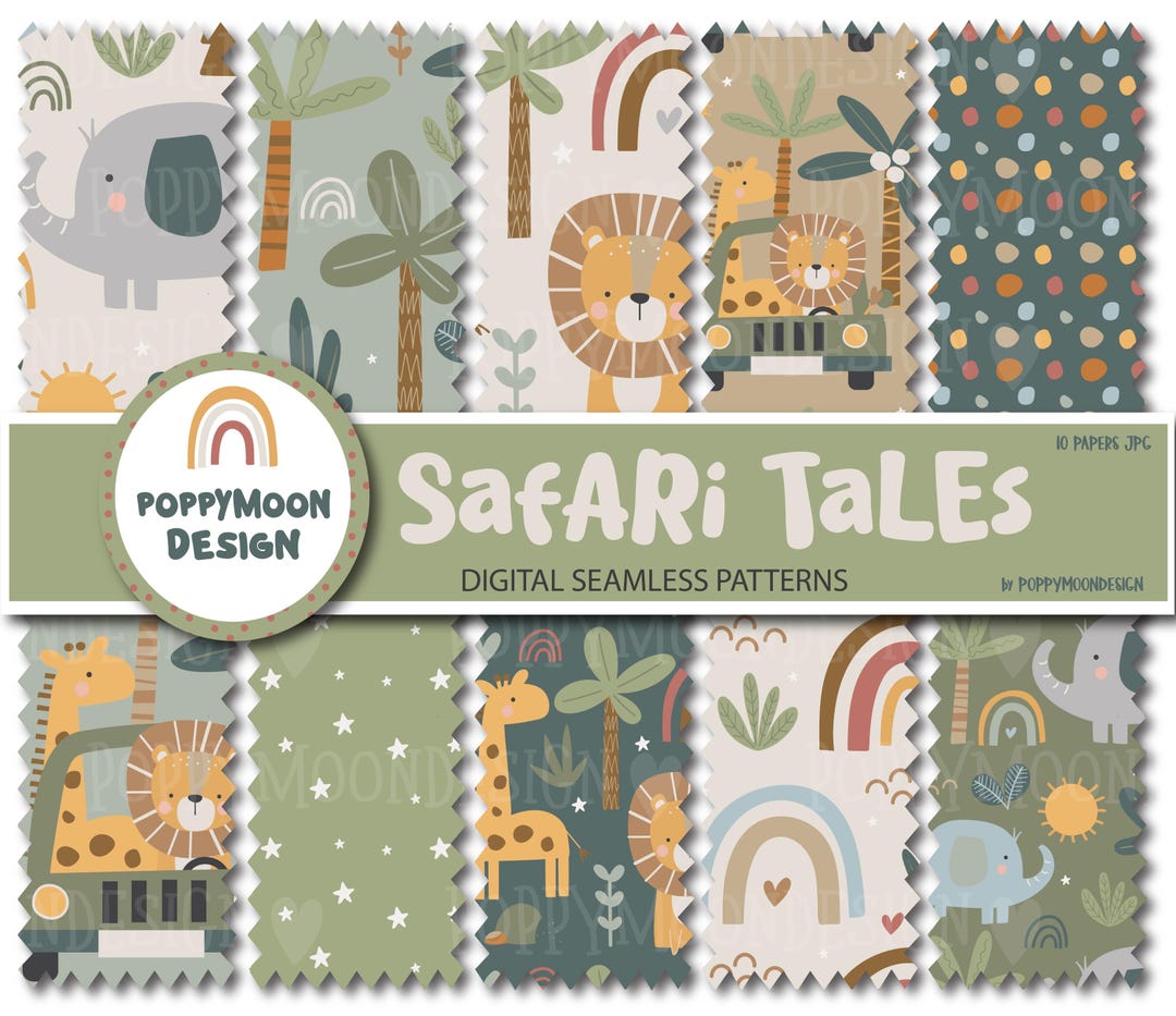 Safari Tales Seamless Digital Paper Pack, Cute Jungle Animal Patterns ...