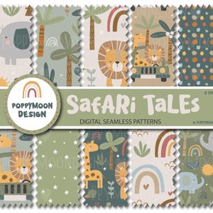Pacchetto di carte digitali senza soluzione di continuità Safari Tales, simpatici motivi di animali della giungla: leone, elefante, giraffa, carta per scrapbooking a tema safari per la cameretta dei bambini, formato JPG 12x12.