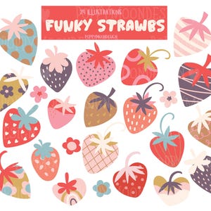 Funky Strawbs, Collection de cliparts fraises fantaisistes, graphiques numériques amusants