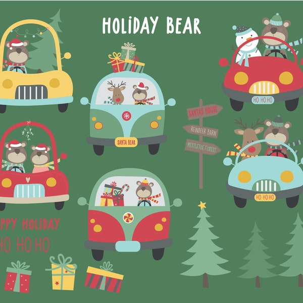 Holiday Bear, animals, christmas, winter clipart, printable digital clipart set