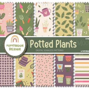 May include: A set of 10 digital seamless patterns featuring potted plants, gardening tools, and polka dots in a variety of colors. The patterns are perfect for crafting, scrapbooking, and digital design projects.