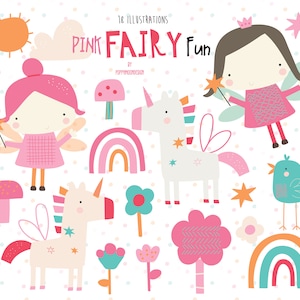 Pode incluir: Conjunto de clipart de fadas cor-de-rosa divertidas com 18 ilustrações. Inclui fadas, unicórnios, arco-íris, flores, estrelas, cogumelos e um pássaro. Perfeito para scrapbooking digital, criação de cartões e outros projetos de artesanato.