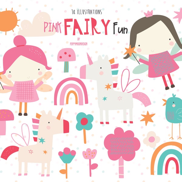 Pink Fairy Fun, fairies and unicorn , printable digital clipart set