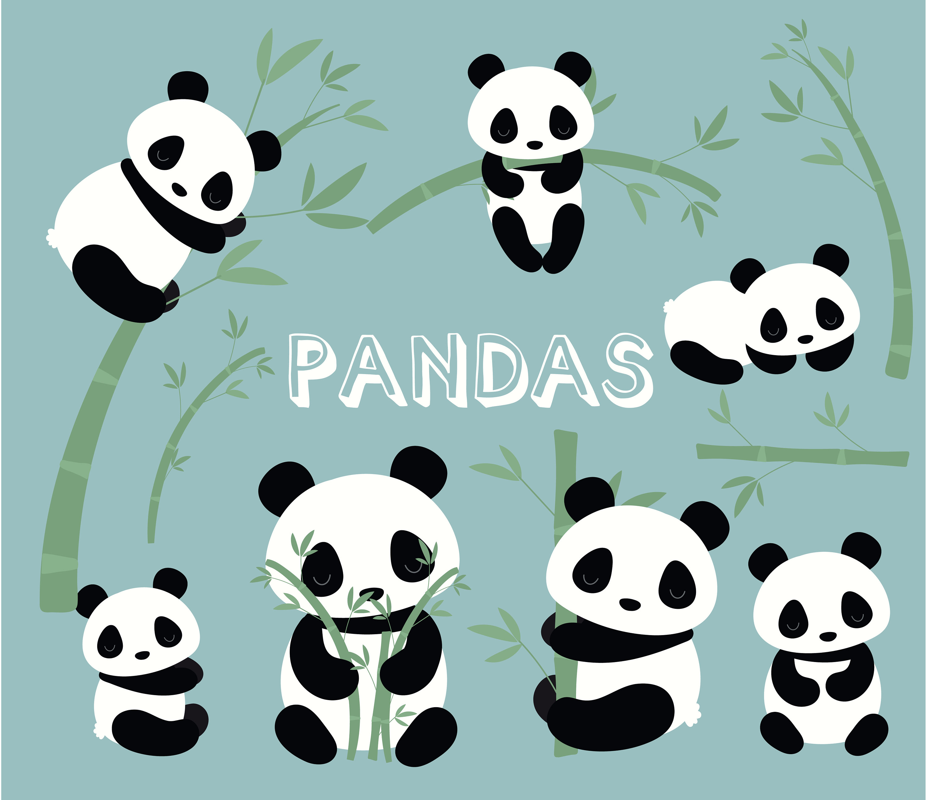 Pandas, animals, printable digital clipart set, image size:3000x2586