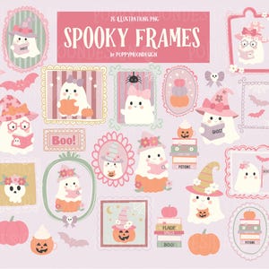 May include: A selection of cute Halloween illustrations. The image shows ghosts in frames, wearing hats, and holding pumpkins. The color scheme includes pink, orange, and green. Text includes "SPOOKY FRAMES" and "Boo!"