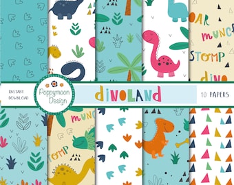 May include: A set of 10 digital papers featuring cute dinosaur illustrations and patterns. The papers include a variety of colors, including blue, green, yellow, orange, pink, and red. The papers are perfect for scrapbooking, card making, and other craft projects.