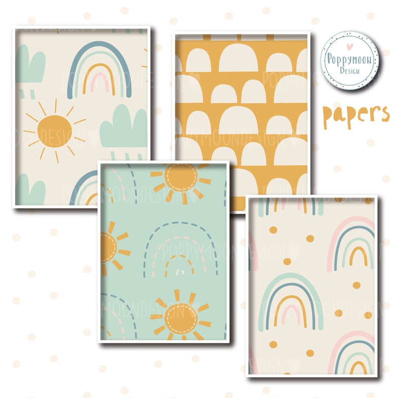 May include: Four framed art prints with whimsical designs. The prints feature rainbows, suns, and cloud patterns in pastel colors on a cream, yellow, and teal background. The word "papers" is written in a playful font.