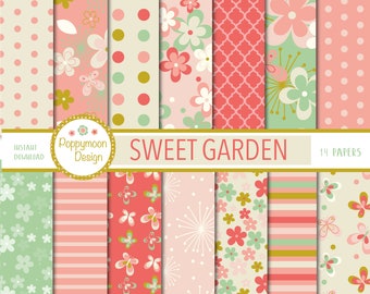 Sweet Garden, flower, butterflies, digital paper pack