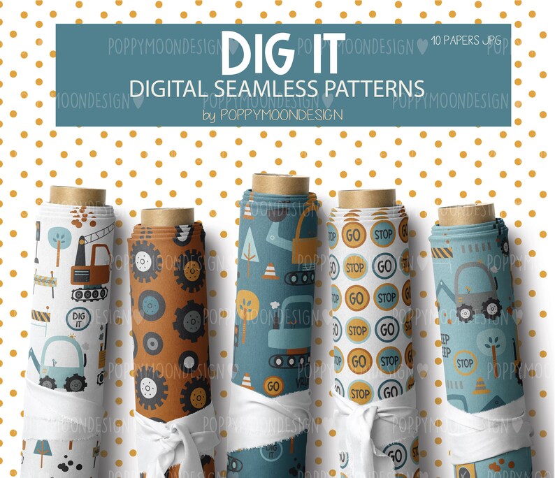 DIG IT, Diggers, Transport, Trucks and Cranes, Printable Seamless ...