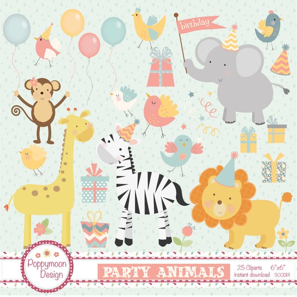 Party tiere, Löwe und Elefant digitale Clipart Set