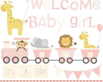 My baby girl,animal train, blocks and bunting,pinks, printable digital clipart set