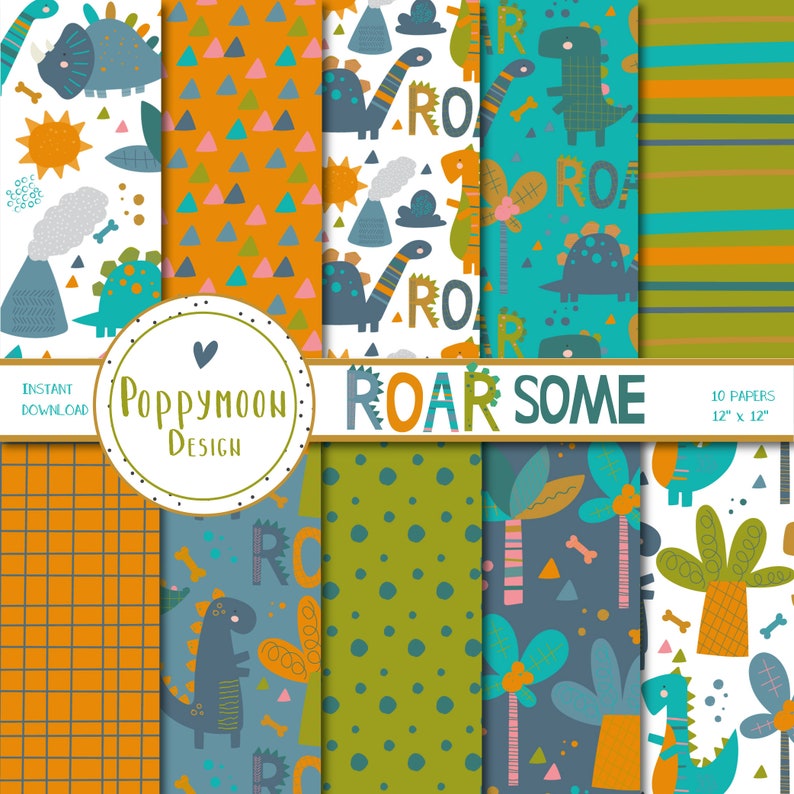 printable digital paper pack Roarsome dinosaurs