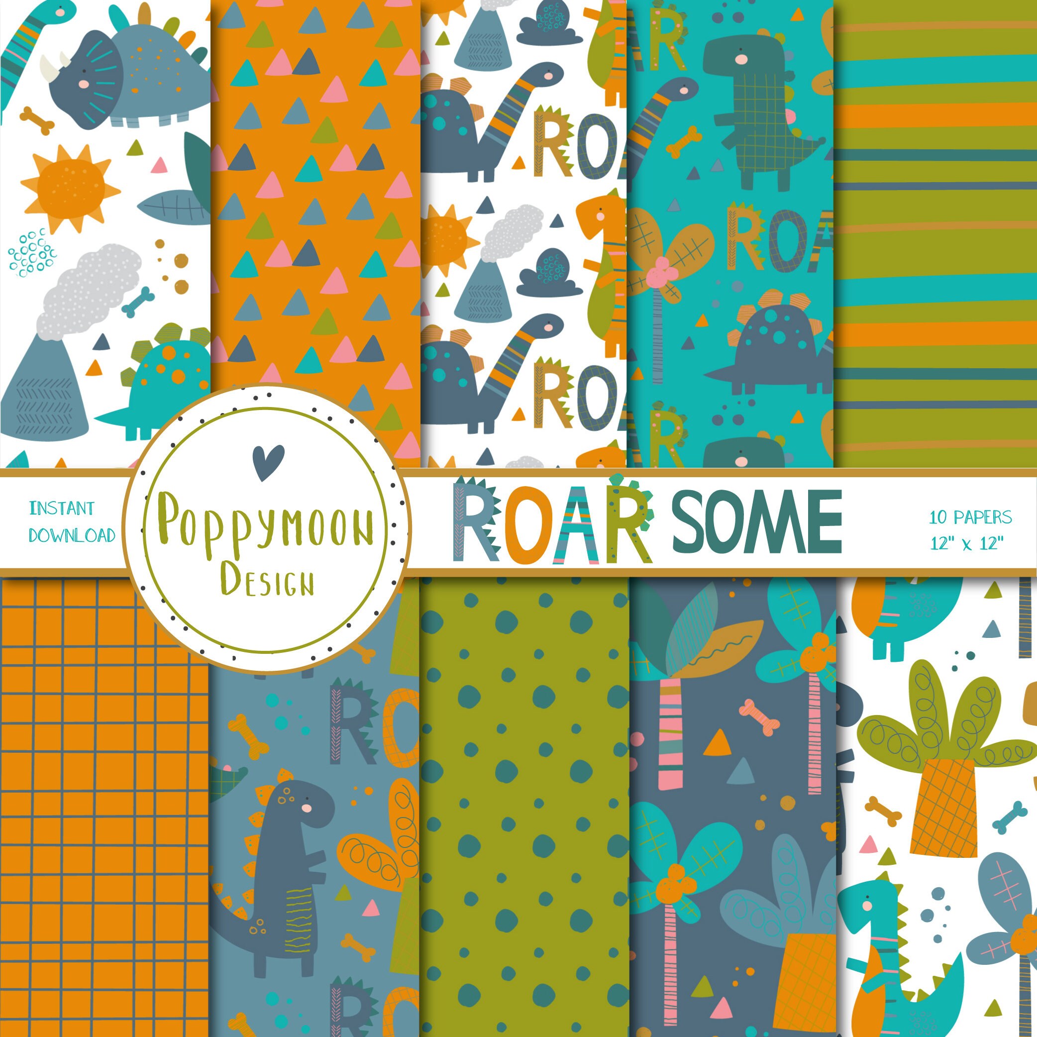printable digital paper pack Roarsome dinosaurs