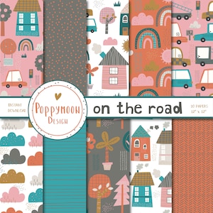 On the road, vehicles and houses, colourful, digital paper pack, scrapbook paper