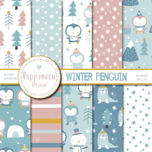 Winter Penguin papier set, kerstmis, winter, afdrukbare digitale papieren verpakking