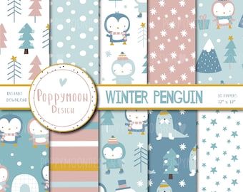 Winter Penguin paper set, christmas, winter, printable digital paper pack