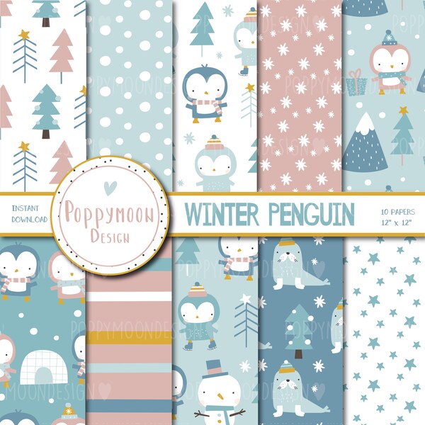 Winter Penguin paper set, christmas, winter, printable digital paper pack