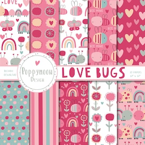 Puede incluir: Un conjunto de 10 papeles digitales con una variedad de patrones lindos en colores rosa, rojo, blanco y azul. Los patrones incluyen corazones, arcoíris, mariquitas, abejas y flores. Los papeles miden 30,5 cm x 30,5 cm y son perfectos para scrapbooking, creación de tarjetas y otros proyectos de manualidades.