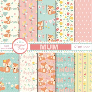 Mum, mummy and baby foxes, florals, digital paper pack