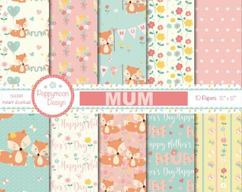 Mama, Mama und Baby Füchse, Blumen, digitales Papier