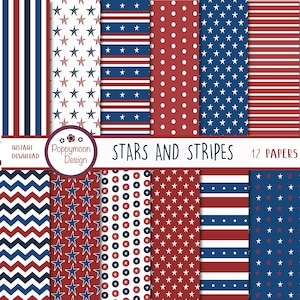 May include: Twelve digital paper designs in red, white, and blue featuring stars, stripes, and polka dots. The papers are perfect for scrapbooking, card making, and other crafting projects. The text "Stars and Stripes" is displayed at the top of the image.