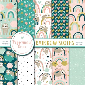 Rainbow sloths, clouds, stars , digital paper pack, scrapbook paper