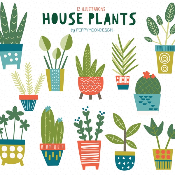 House plants, botanical, digital clip art set