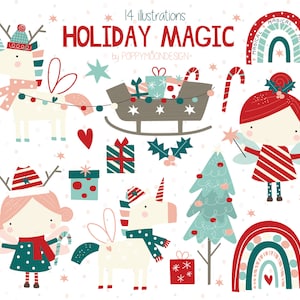 Magia navideña, ilustraciones festivas, clipart digital imprimible