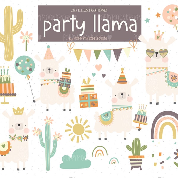 Party Llama,Birthday, digital printable clipart