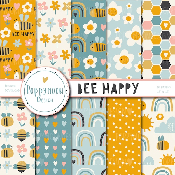 Bee Happy, bees, pattern, printable digital paper pack