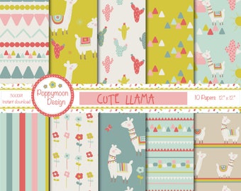 Cute Llama, cactus and mountains, printable digital paper pack