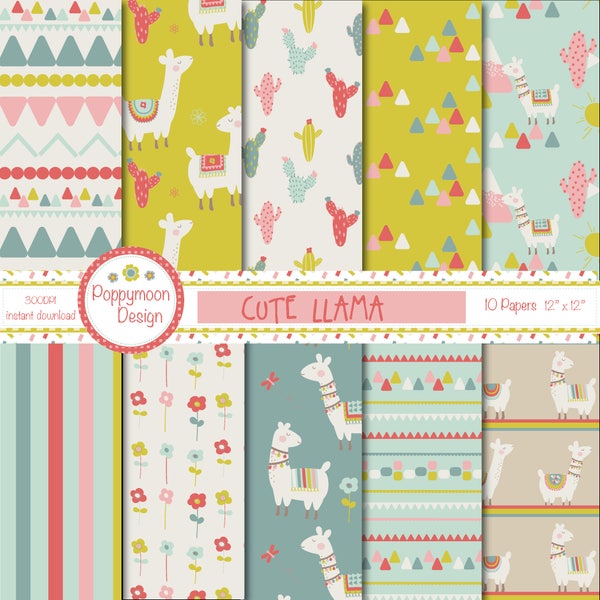 Cute Llama, cactus and mountains, printable digital paper pack