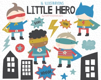 Little Hero, cute super heros, printable digital clipart set