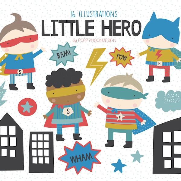 Little Hero, cute super heros, printable digital clipart set