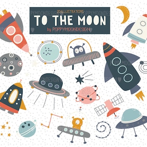 Vers la Lune, espace, vaisseaux spatiaux, clipart imprimable numérique