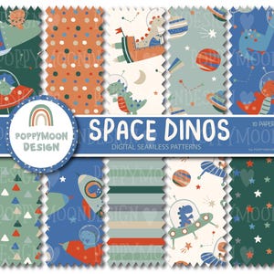 May include: A set of 10 digital seamless patterns featuring space dinosaurs. The patterns include a variety of colors, including blue, green, orange, and white. The patterns are perfect for creating unique and fun projects.