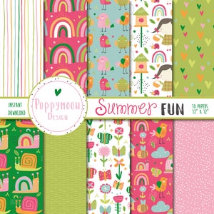 May include: A collection of ten 12 x 12 inch patterned papers with a summer theme. Designs include rainbows, birds, butterflies, snails, and girls. Colors include pink, green, blue, and white. The text "Summer Fun" is displayed.
