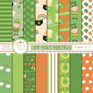 Könnte beinhalten: Ein Set mit 16 digitalen Papieren mit Motiven zum Thema St. Patrick's Day. Die Papiere enthalten grüne Kleeblätter, Regenbögen, Goldtöpfe, Kobolde und den Text "St. Patrick's Day".