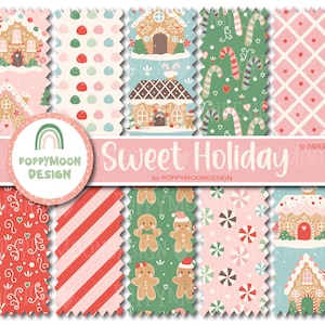 Könnte beinhalten: Ein Set mit 10 digitalen Papieren mit verschiedenen Weihnachtsmotiven, darunter Lebkuchenhäuser, Zuckerstangen und Pfefferminz-Wirbel. Die Papiere sind in einem rosa, grünen und roten Farbschema gehalten und perfekt für Scrapbooking, Kartenherstellung und andere Bastelprojekte.